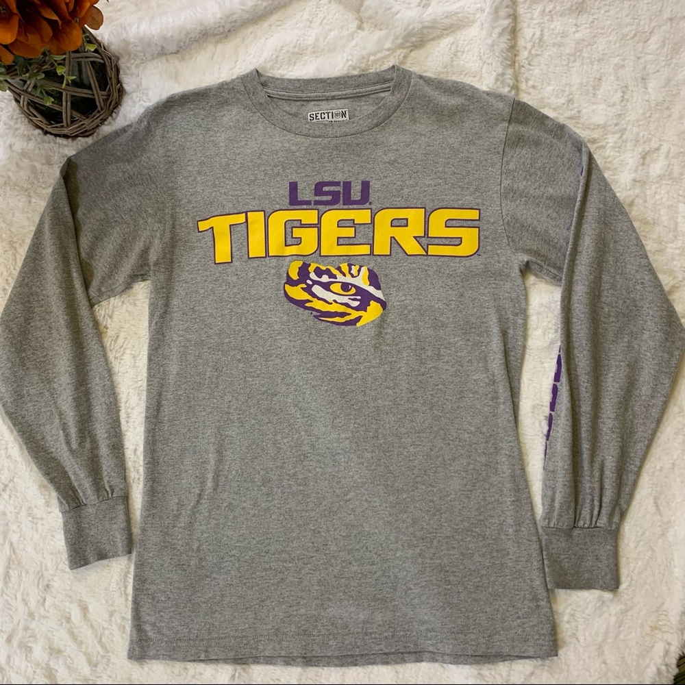 LSU Tigers Geaux T-Shirt Long Sleeve Gray Purple Gold Sz S Unisex